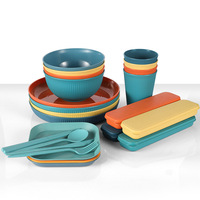 Ensemble de vaisselle en plastique 36 pièces, motif grain vertical, pour l'international, comprenant bol, assiette, tasse, couteau, fourchette, baguettes, portable et compatible micro-ondes