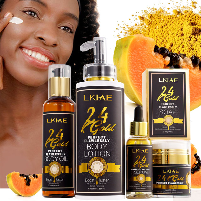 OEM Whitening Skin Care Set 24K Gold Peptide Papaya Vitamin C Moisturizing Anti-Aging Skin Smoothing Gift Set for Black Skin
