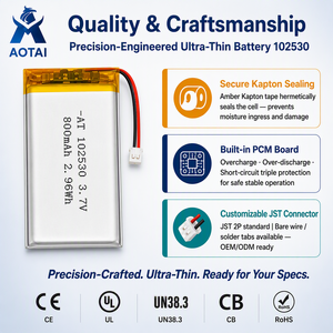 Batterie Li-Polymère Ultra-Fine Certifiée UN38.3 102530 3.7V 800mAh Taille Personnalisée pour Mini POS, Sonnette, Haut-Parleur OEM ODM - Product Image 3