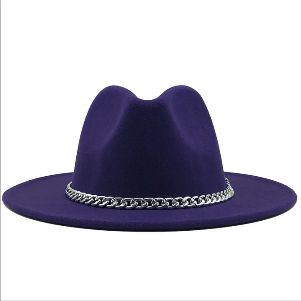 Men Women's Wide Brim Felt Fedora Panama Hat with chain
