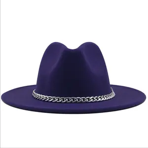 Topi Panama Fedora Beludru Lebar Wanita Pria dengan Rantai