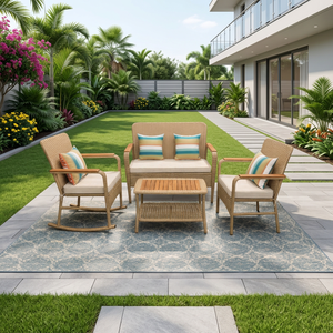 Made Vietnam Modern <b>Rattan</b> Acacia Outdoor 4 PCS Patio Set KD <b>Sofa</b> Chair Coffee Table All-Weather Comfortable Apartment Dining - Product Image 1