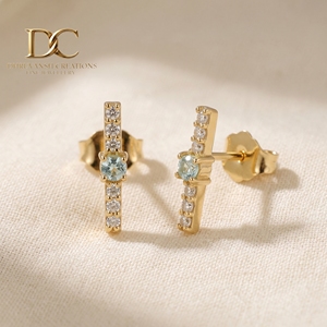 Boucles d'oreilles clous en or massif 14 carats avec diamant de laboratoire certifié IGI et Yag Paraiba bleu de laboratoire, bijoux fins minimalistes pour femme - Product Image 3
