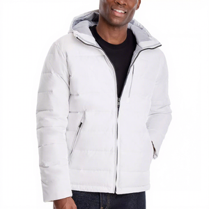 Men's <b>White</b> Hooded <b>Puffer</b> <b>Jacket</b> Windproof Zipper Closure Casual Winter Coat Regular Fit Solid Color Polyester Wadding - Product Image 3