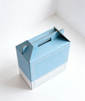 Dossier portable en carton bicolore bleu et blanc avec poignée intégrée, robuste et résistant, fabriqué au Vietnam à partir de matériaux recyclés, personnalisable