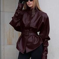 Veste slim premium bordeaux pour femme en similicuir PU, manteau personnalisé pour l'hiver et le quotidien