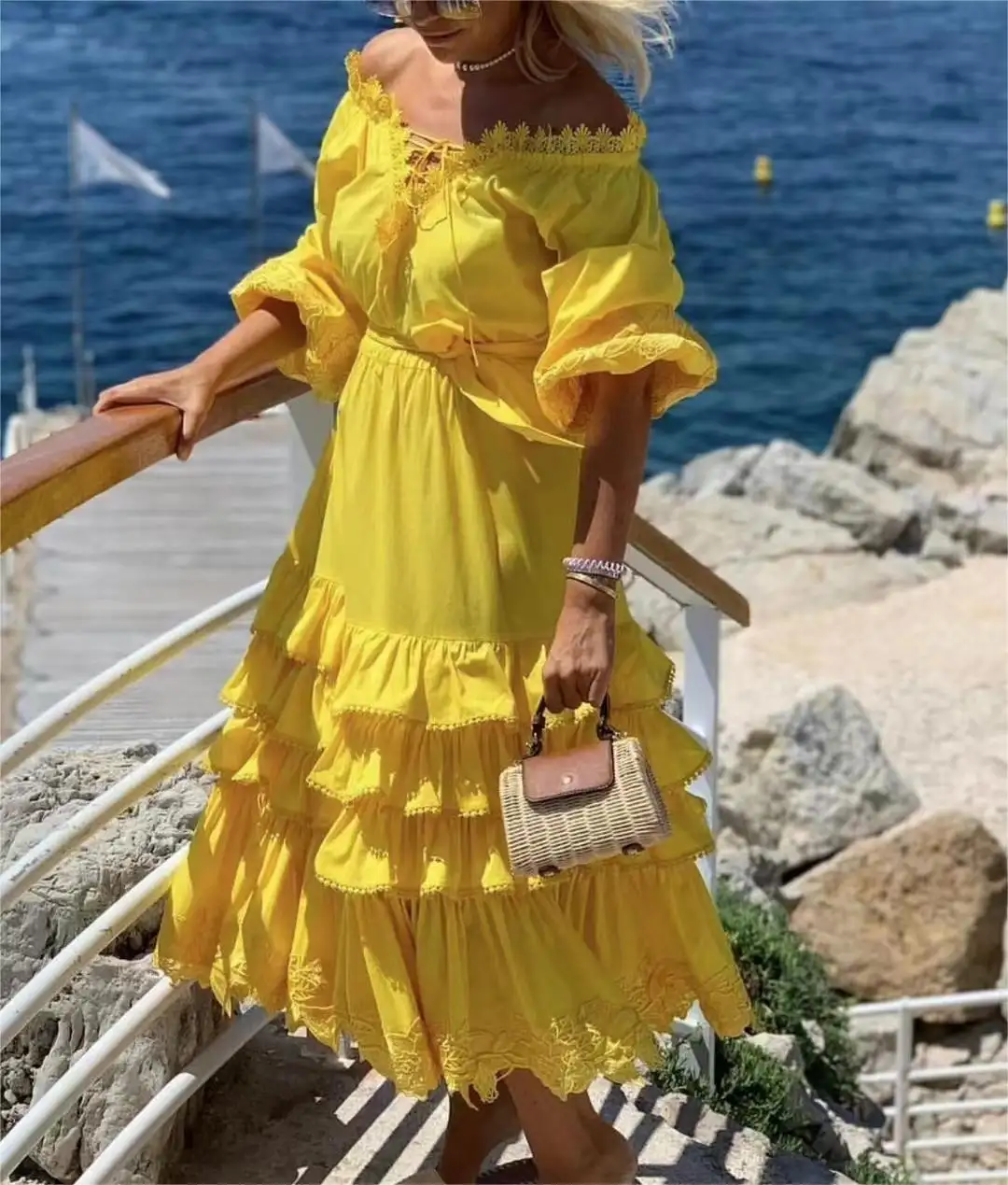 Yellow Swing Dresses 2023 Summer New Holiday Style Stand Collar Lace Stitching Cake Long Dress
