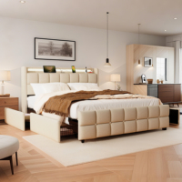 Multifunktionales Polsterbett mit App-gesteuertem LED-Beleuchtungssystem, Integrierter Stromanschluss und Rollbarem Unterbett-Korb