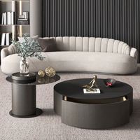 Table basse ronde contemporaine en pin avec plateau en verre trempé et tiroir de rangement pour ensemble de meubles de salon