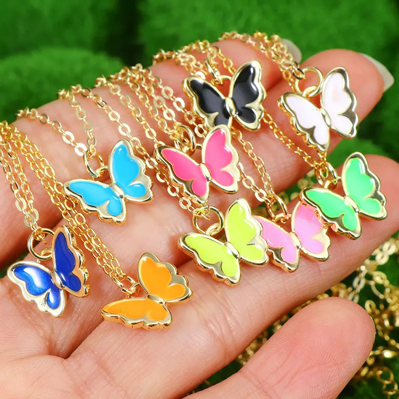 SY Damenmode Schmuck Exquisite bunte Schmetterling Anhänger Charm Halskette Kupfer vergoldet Tropfen Öl Schmetterling Halskette