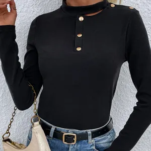 New style Slim black cut-out with button long leisure fashion Top