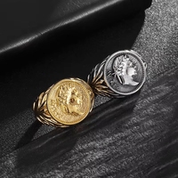 Bague pour homme en acier inoxydable plaqué or 18 carats, étanche et inaltérable, avec motif de pièce de monnaie de César de l'Empire Romain, style Hip Hop