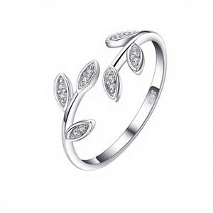 Anillo de Compromiso Clásico de Plata de Ley 925 con Baño de Oro Rosa, Diseño de Rama de Olivo Curvada con Gema y Diamante para Mujer - Product Image 4