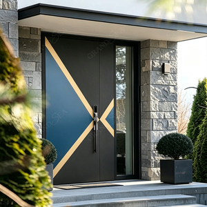 <span class=keywords><strong>Porta</strong></span> Esterna di Sicurezza in Alluminio Moderna, <span class=keywords><strong>Porta</strong></span> d'Ingresso di Lusso Nera con Serratura Intelligente e Vetro Laterale per Villa - Product Image 2