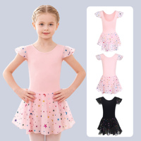 Justaucorps de ballet pour filles à manches volantées, jupe imprimée étoiles et lunes, tenue de danse pour tout-petits en spandex respirant pour la pratique et les récitals