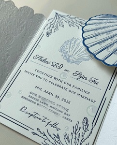 Invito Matrimoniale di Lusso in Carta di Cotone Testurizzata Bianca e Blu, Stile Nautico, con Goccia d'Acqua in Rilievo, Fustellato, Stampa Personalizzata - Product Image 3
