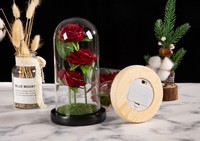 Idées Piédestal en bois LED Lumières Dôme en verre décoré Artificielle Fleur préservée Rose Ornements pour les cadeaux de la Saint-Valentin