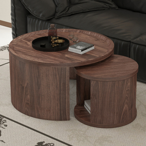 Modern Durable <b>Round</b> <b>Nesting</b> <b>Coffee</b> <b>Table</b> Set of 2 Natural Wood & Walnut MDF for Living Room & Bedroom - Product Image 2