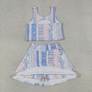 En stock: Conjuntos deportivos casuales de verano para niñas pequeñas, con estampado floral azul y rosa, top sin mangas y falda pantalón. Ropa de yoga y deportiva para hermanas. Venta al por mayor. - Product Image 5