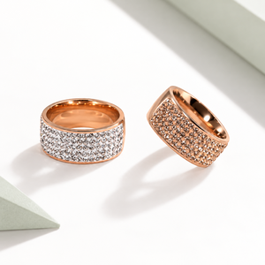 Wide Pave Zircon <b>Ring</b> <b>Stainless</b> <b>Steel</b> 14K Gold Vacuum Plated Rose Gold Tone Sparkling Statement Band - Product Image 1