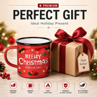 Mug en émail de Noël, tasse à café de camping en métal personnalisée avec bord noir, mug cadeau durable résistant à la chaleur sans plomb