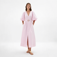 Robe midi rose pour femme, col en V, boutonnée sur le devant, manches bouffantes, ceinturée, coupe trapèze avec poches, vente en gros