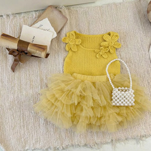 Baby Girl Knitted Camisole Mesh Tutu Two Piece Set Breathable Summer Outfit Yellow Floral Design - Product Image 1