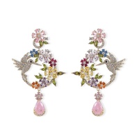 Boucles d'oreilles pendantes rétro en émail floral et oiseaux, style chinois, serties de diamants, en cuivre électroplaqué pour femmes - Ornements d'oreille vintage