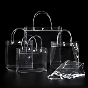Transparent Vinyl Low MOQ Stock Pvc Handle Button Clear Waterproof Cosmetic Tote Storage Bag With Logo Reusable For Watches