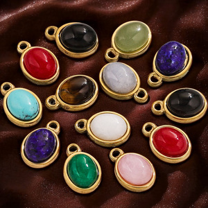 Pendentifs ovales en pierres semi-précieuses naturelles, breloques en acier inoxydable plaqué or PVD : turquoise, onyx, quartz rose pour collier, bracelet, etc. - Product Image 3