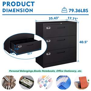 Armoire à dossiers verticale moderne noire à 3 tiroirs avec serrure à code pour format A4/Legal, rangement en métal, utilisation scolaire et hôtelière - Product Image 3