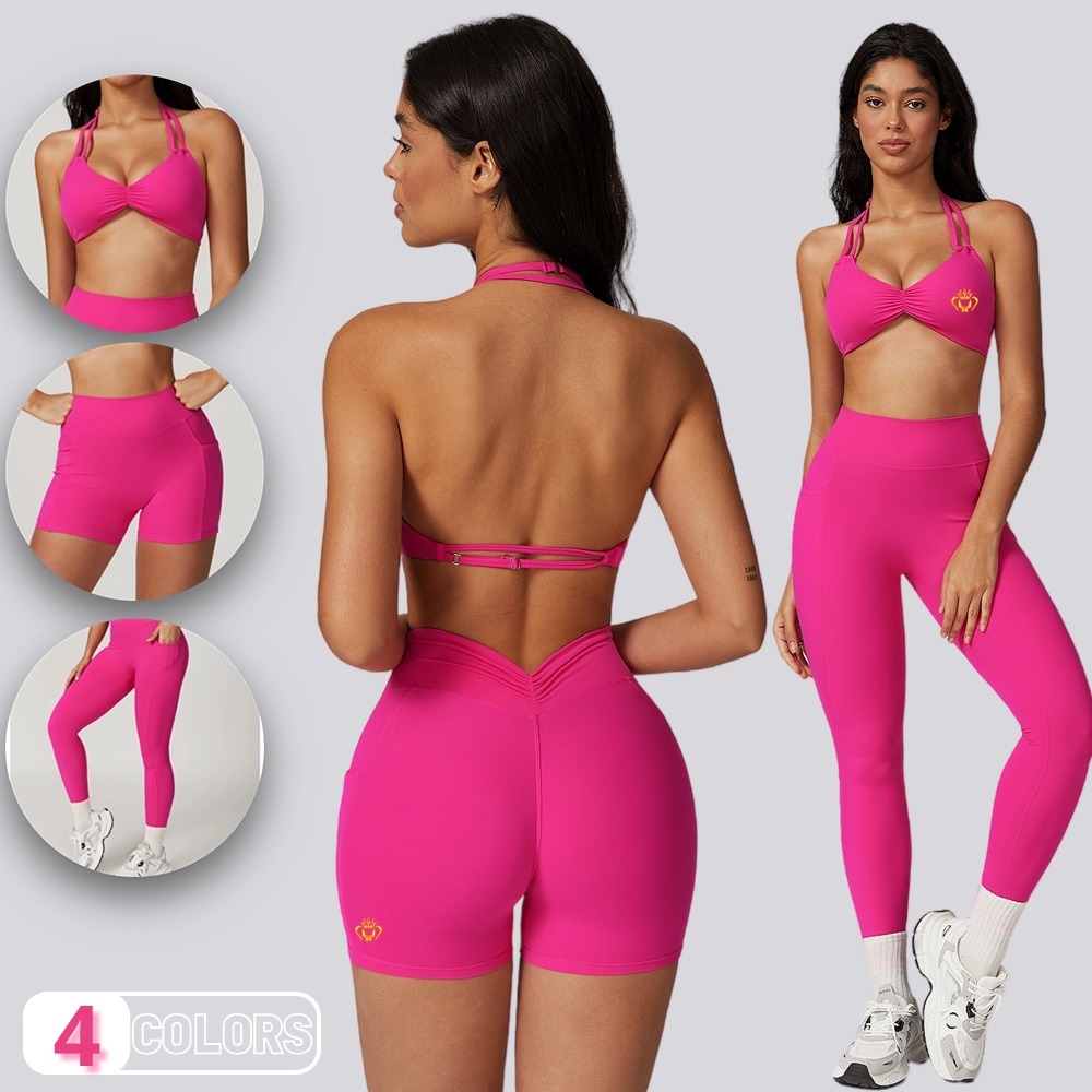 High Elastic Workout Women Fitness Clothing Sports Wear Double Straps Scrunch Bra Pocket Leggings Yoga Sets 3 Pcs Set