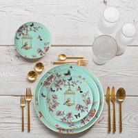 Bols et assiettes en céramique de porcelaine émaillée de Chine, ronds, de 8 à 10 pouces, avec motifs de fleurs bleues et d'oiseaux, pour restaurant