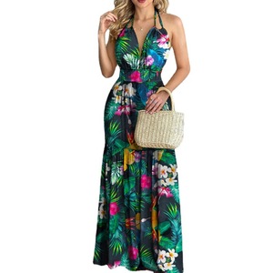 S-2XL Summer Long Dress Bohemia Floral Casual Dresses Sexy Backless Halter Strapless Beach Sundress Vacation <strong>Clothes</strong> for Women - Product Image 1