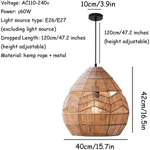 SHUANGZ naturale corda di canapa lampadario E27 lampada a sospensione regolabile con soffitto in vimini ciondolo casa illuminazione paralume - Product Image 6