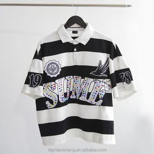 Camiseta Polo de Algodón de Manga Corta con Bordado Vintage Personalizado de Estilo Urbano, con Pedrería, Corte Holgado y Rayas para Hombre - Product Image 3