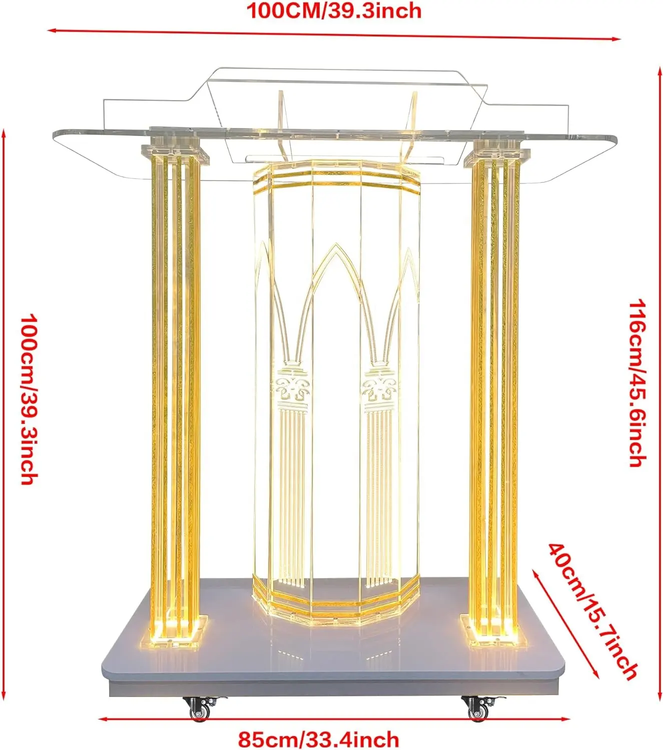 Podium d'église avec éclairage LED, chaire en acrylique sur roues-Pupitre transparent 46 "pour églises, plate-forme de lecture pour salles de classe