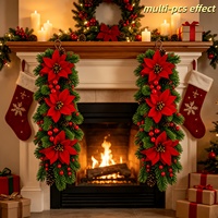 Guirlande de Noël réaliste en velours nordique avec poinsettia, 58 cm, pommes de pin suspendues, baies rouges, pour porte d'entrée, mur, fenêtre, cheminée