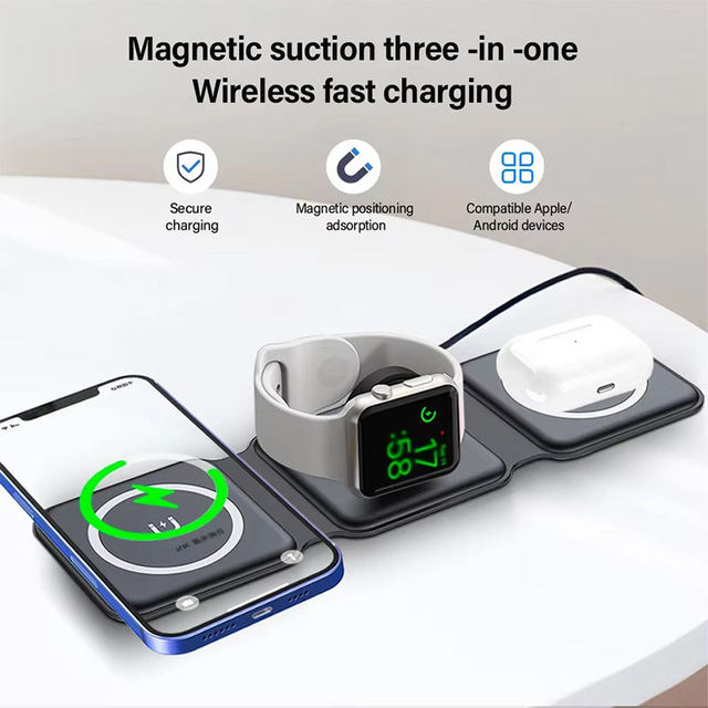 Hot Selling 3 in 1 Foldable Magnetic Wireless Charging Station for Mobile Phone Fast Charging Desktop Charger Stand