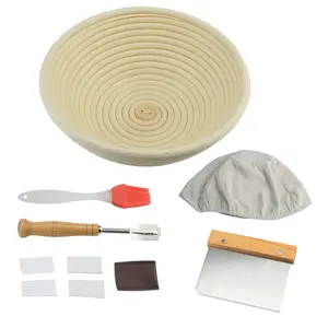 Juego de herramientas redondas para hornear, cortador para raspar harina, cesta de madera para pan y cuchillo raspador para pan