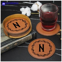 Ensemble de 6 sous-verres ronds en similicuir gravés au laser personnalisés, gravure au laser personnalisée, ensemble de sous-verres en cuir PU avec support