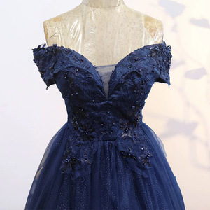 Bleu marine Bling robe de bal hors de l'épaule manches robe de soirée pour les femmes à lacets dentelle Appliques - Product Image 5