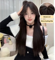 Perruque intégrale, cheveux longs pour femme avec frange, cheveux longs et raides couleur thé noir pour usage quotidien, aspect naturel