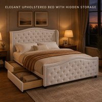 Cadre de lit en tissu avec rangement, taille King/Queen, tête de lit capitonnée avec boutons et 4 tiroirs sous le lit, chambre à coucher