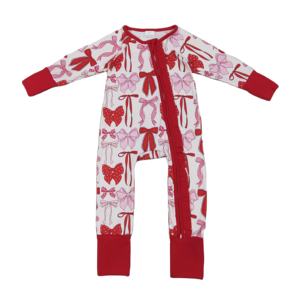 Combinaison longue à manches longues pour bébé fille, imprimé nœuds roses et rouges, vente en gros, ensemble enfant LR2780 rts - Product Image 1