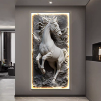 Cuadro de Porcelana con Cristales y Caballos, Estilo Moderno y Lujoso, para Sala de Estar o Porche, con Luz LED de Control Remoto, Decoración de Pared