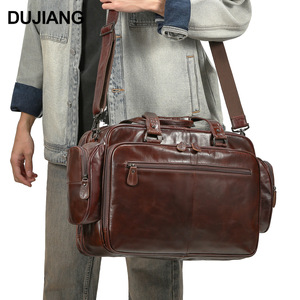 Dujiang Genuine Leather Men's <b>Briefcase</b> Multi-Compartment Business Travel Laptop Bag Oil Brown - Product Image 1