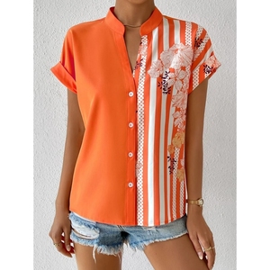 New Double Spell Color Collision Floral Button <b>Cardigan</b> Women's <b>Short</b> <b>Sleeve</b> Shirt Tops Blouse Clothing Fashion - Product Image 5