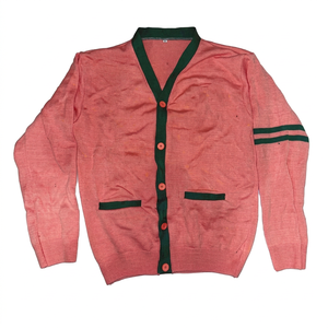 Cardigan en tricot pour femme, col en V, avec bordure rayée, en laine et acrylique épais 7GG, style universitaire et preppy, personnalisable avec logo, vente en gros - Product Image 1
