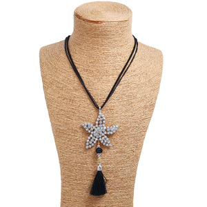 Colar de Suéter com Pingente de Estrela-do-mar e Franjas para Mulheres, Liga de Prata Antiga, Longo Estilo Boho, 6 Cores - Product Image 5
